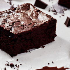 piece of chocolate brownie close up on a white plate with more pieces out of focus behind