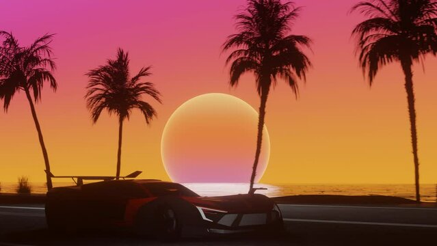 Supercar moving along the ocean side of the road with coconut palm trees in sunset. 3d Synthwave animated background. Seamless loop.