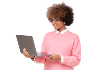 Studio portrait of online course student, smiling african american teen girl, holding laptop, isolated