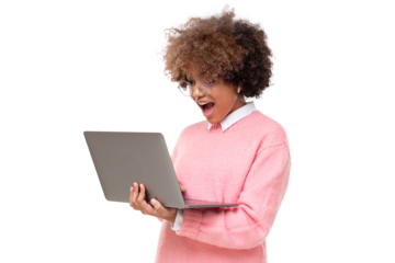 Studio portrait of surprised african american student teen girl, holding laptop with wow emotion, isolated