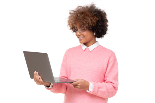 Studio portrait of online course student, smiling african american teen girl, holding laptop, isolated - Powered by Adobe