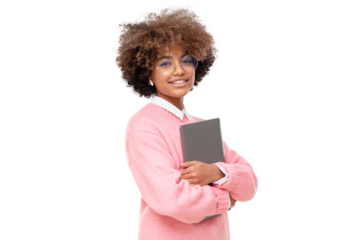 Fashion portrait of african american teen girl, college or online course student holding laptop
