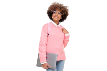 Smiling african american teen girl, online course student holding laptop and backpack, looking away