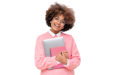 Laughing funny african american teen girl, online course or high school student holding laptop and pink notebook