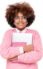 Studio portrait of african american student teen girl, holding laptop, dreaming or thinking about...
