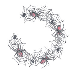 Halloween wreath with cobwebs, spiders. Background for Halloween card, invitation, template, paper