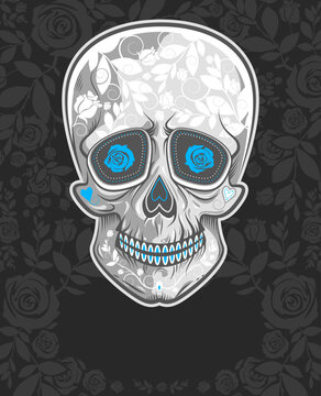 Skull silhouette on black background with flowers of roses pattern. Vector illustration for Day Of The Dead and Halloween design, print, banner, poster with copy space