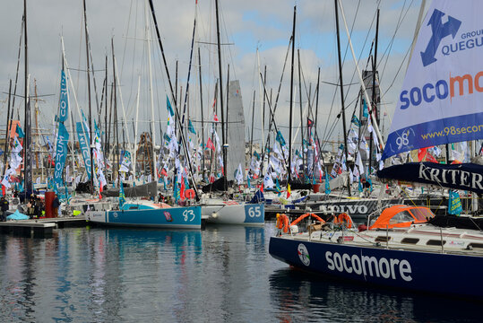 Exhibition of sailing boats before the Route du Rhum departure in Saint-Malo, France on October 25, 2018. 