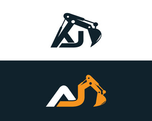 Initial Letter AJ  Excavator Logo Design Concept. Creative Excavators, Construction Machinery Special Equipment Vector Illustration.