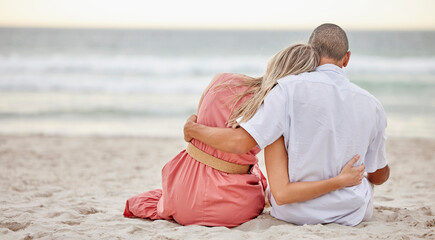 Happy, love and couple on a beach hug watching the sunset, beach waves and sea together. Happy...