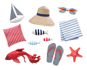 Summer beach items set isolated on white. Marine objects.Colorful sea collection.