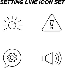 Simple monochrome vector symbols suitable for apps, books, stores, shops etc. Line icons set with signs of indicator, exclamation sign, gear, cogwheel, megaphone
