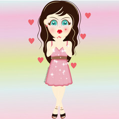 
Girl in pink dress blowing kisses. Love