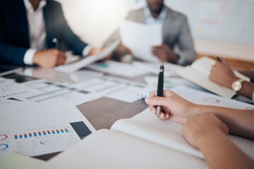 Business woman hands writing in marketing meeting with notebook, paper or book for schedule, report...