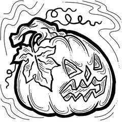 Halloween pumpkin monster head hand drawn illustration. Big round orange pumpkin. Cute and scary face ghost. Poster print design, party decoration, invitation deco.