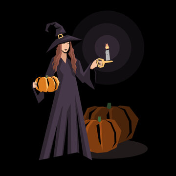 halloween witch with pumpkin and candle