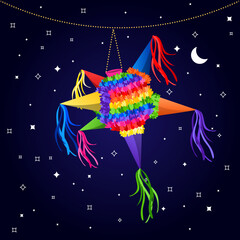 Tradicional Piñata Navideña en Mexico, Piñata de estrella multicolor para posada y fiestas. - obrazy, fototapety, plakaty