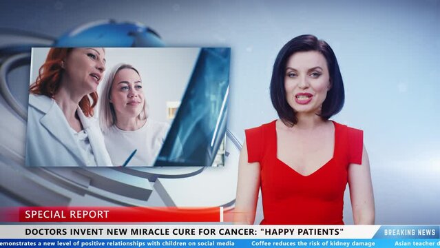 Female news anchor in television studio reporting information about medicine and cancer treatment on live TV news channel