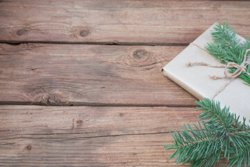 Christmas decoration and gift boxes on wooden background. Space for text