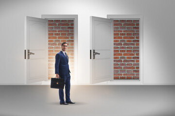 Businessman facing no exit with brick door