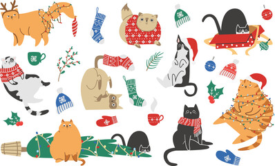 Vector Christmas Collection. Funny Christmas cats. Cozy elements for Christmas design, Christmas toys, mittens, scarves, Christmas tree branches, mugs 