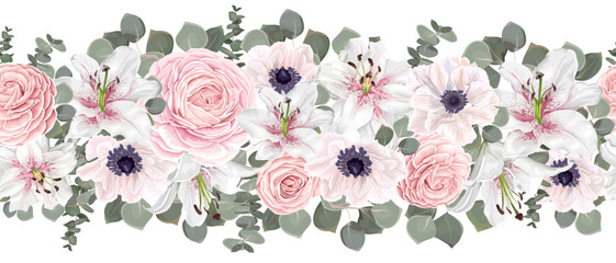 Fototapeta Seamless vector floral border. Pink roses, ranunculus, white and pink lilies, anemones, eucalyptus, green plants and leaves  obraz