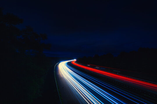 Speed Traffic - Highway at Night - Cars - Nachtverkehr auf Autobahn - Light Trails - Datenautobahn - Speeding - German - Ecology - Long Exposure - Light Trails - High quality photo