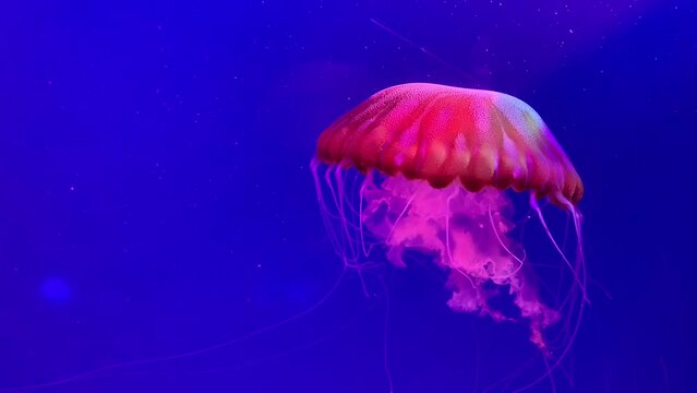 Pink frilly jellyfish floats effortlessly in deep blue water