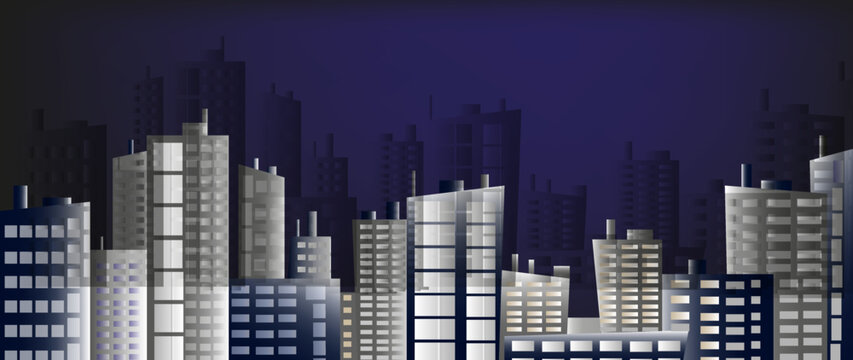 Night city banner, urban city view. Minimal vector background,suitable for headers,booklets, web, brochures, flyers.