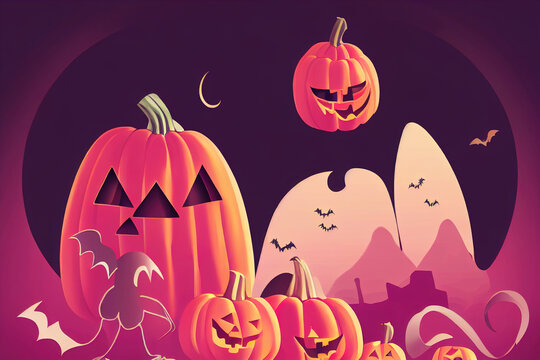 Cute Halloween Illustration with Pumpkin Surrounded by Ghosts and Bats, Isolated on Pink Background, Hand Drawn Simple Design, Ideal for Posters, Cards, Wall Art or Clothes, painting v1