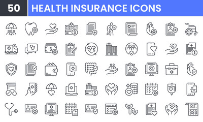 Fototapeta na wymiar Health Insurance vector line icon set. Contains linear outline icons like Hospitalization, Medical Coverage, Dental, Emergency, Healthcare, Rehabilitation, Protection. Editable use and stroke for web.