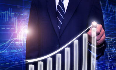 Businessman pointing arrow graph growth and financial network connection Data analysis to increase...