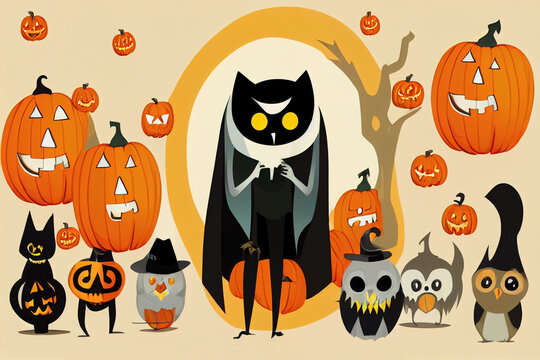 Collection of Halloween scenes with cute and funny fairy cartoon characters - grim reaper, vampire, ghost, Jack-o-lantern or pumpkin lantern, owl, black cat, Flat colorful illustration v1