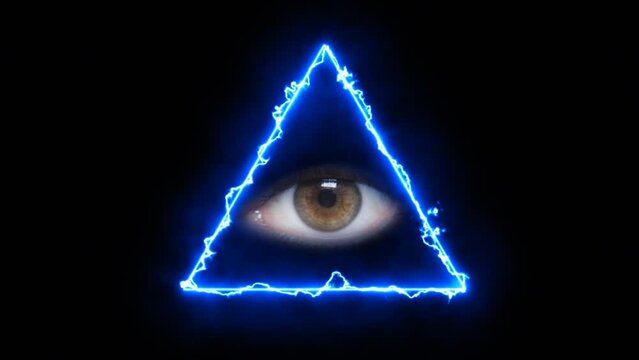 All seeing eye included in triangle with blue lightnings on each side. Live religious symbol watching from majestic glow close up