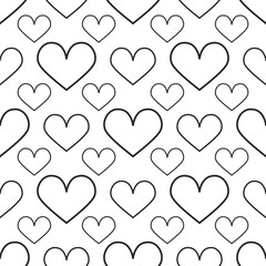 Hearts with a black outline on a white background for coloring. Seamless cute pattern. 
