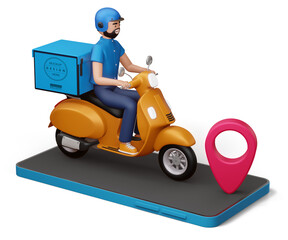 Delivery man riding a motorcycle on phone with red pin, 3d rendering.