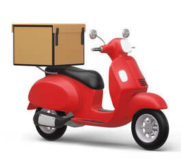 Red delivery motocycle with delivery bag, 3d rendering.