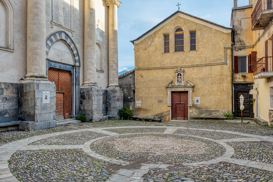View of churces facades in Triora, a small ancient village of Ligurian Region (Northern Italy); is famous for its medieval legends of witches.