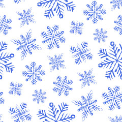 Small blue ink contour linear snowflakes isolated on white background. Cute monochrome Christmas seamless pattern. Vector simple flat graphic hand drawn illustration. Texture.