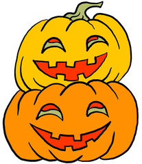 Halloween pumpkin monster head hand drawn illustration. Big round orange pumpkin. Cute and scary face ghost. Poster print design, party decoration, invitation deco.