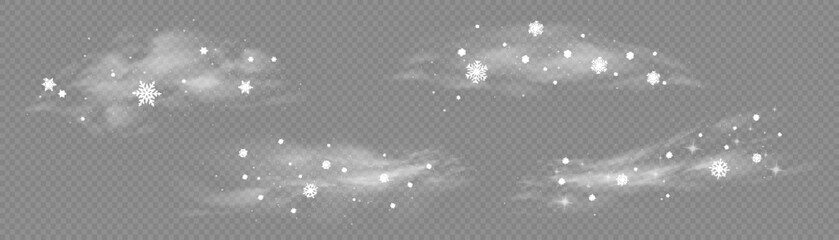 Fototapeta premium Cold wind with snow blow, winter weather with white smoke flying snowflakes. Christmas effect of a cold blizzard. Freezing breath curve trails. Flow snowy smoky stream, icy vapor. Vector illustration