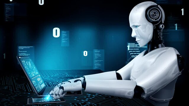 Futuristic robot artificial intelligence huminoid AI programming coding technology development and machine learning concept. Robotic bionic science research for future of human life. 3D rendering.