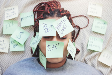 Sticky note, stress and woman with questions on face for frustrated lifestyle management thoughts....