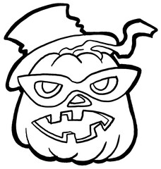 Halloween pumpkin monster head hand drawn illustration. Big round orange pumpkin. Cute and scary face ghost. Poster print design, party decoration, invitation deco.