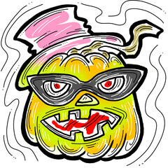 Halloween pumpkin monster head hand drawn illustration. Big round orange pumpkin. Cute and scary face ghost. Poster print design, party decoration, invitation deco.