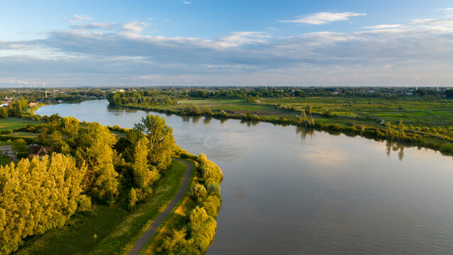 Aerial view of the Scheldt river, in Sint-Amands, Belgium