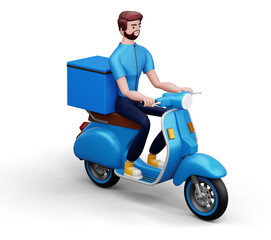 Fototapeta Delivery man riding a motorcycle with delivery box, 3d rendering obraz