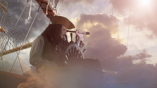 funny the pirate captain traveler  discoverer and explorer on the vintage pirate ship