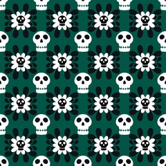 Fototapeta na wymiar Halloween skulls and flower seamless cartoon pattern for wrapping and clothes print and fabrics and textiles