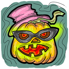 Halloween pumpkin monster head hand drawn illustration. Big round orange pumpkin. Cute and scary face ghost. Poster print design, party decoration, invitation deco.